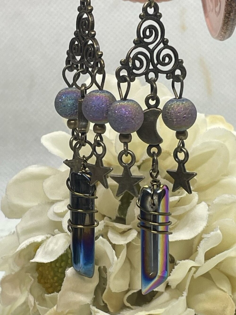 Celestial Sun and Moon Earrings with Blue and Purple Crystal Drops Bohemian gift